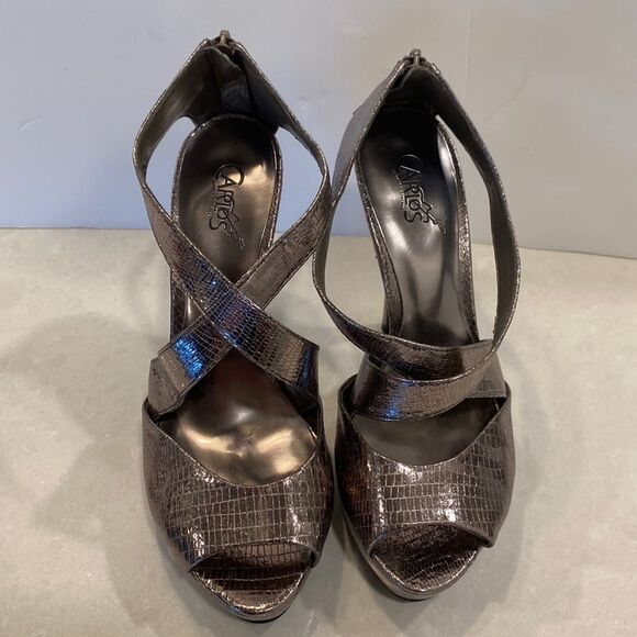 Carlos by Carlos Santana Shoes - CARLOS SANTANA’S CALIENTE-PEWTER SNAKESKIN PRINT CRISSCROSS PLATFORM HEEL SZ 7.5